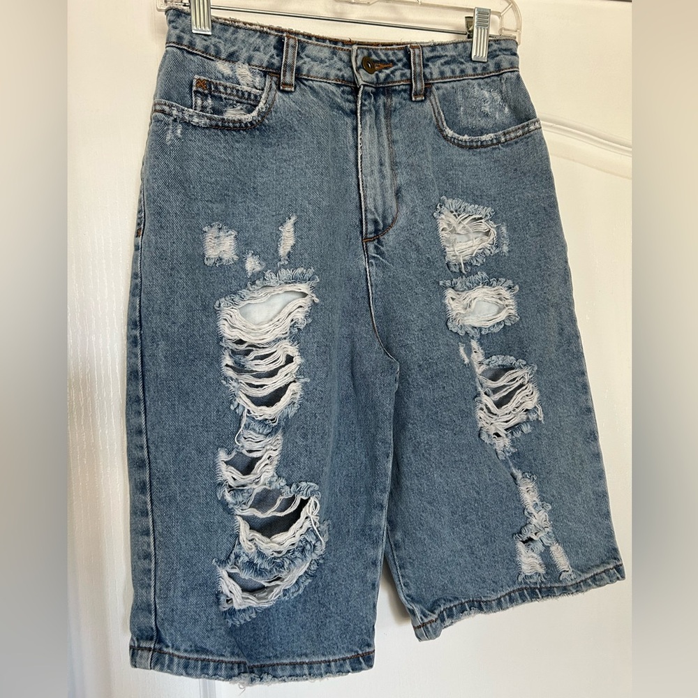 Collusion X007 Jeans Long Shorts Size 4 Distressed Denim